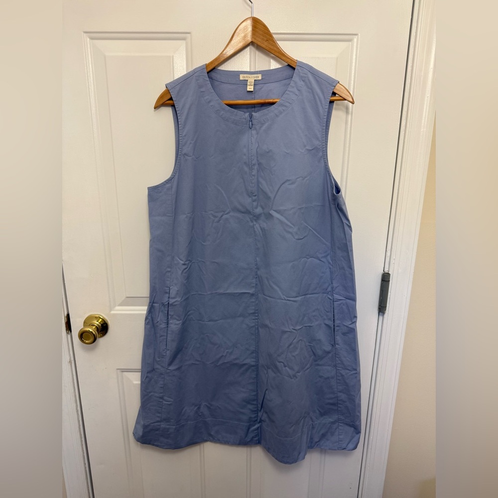 Eileen Fisher Sleeveless Organic Cotton Poplin Dress Quarter Zip Light Blue Sz M - Picture 2 of 10